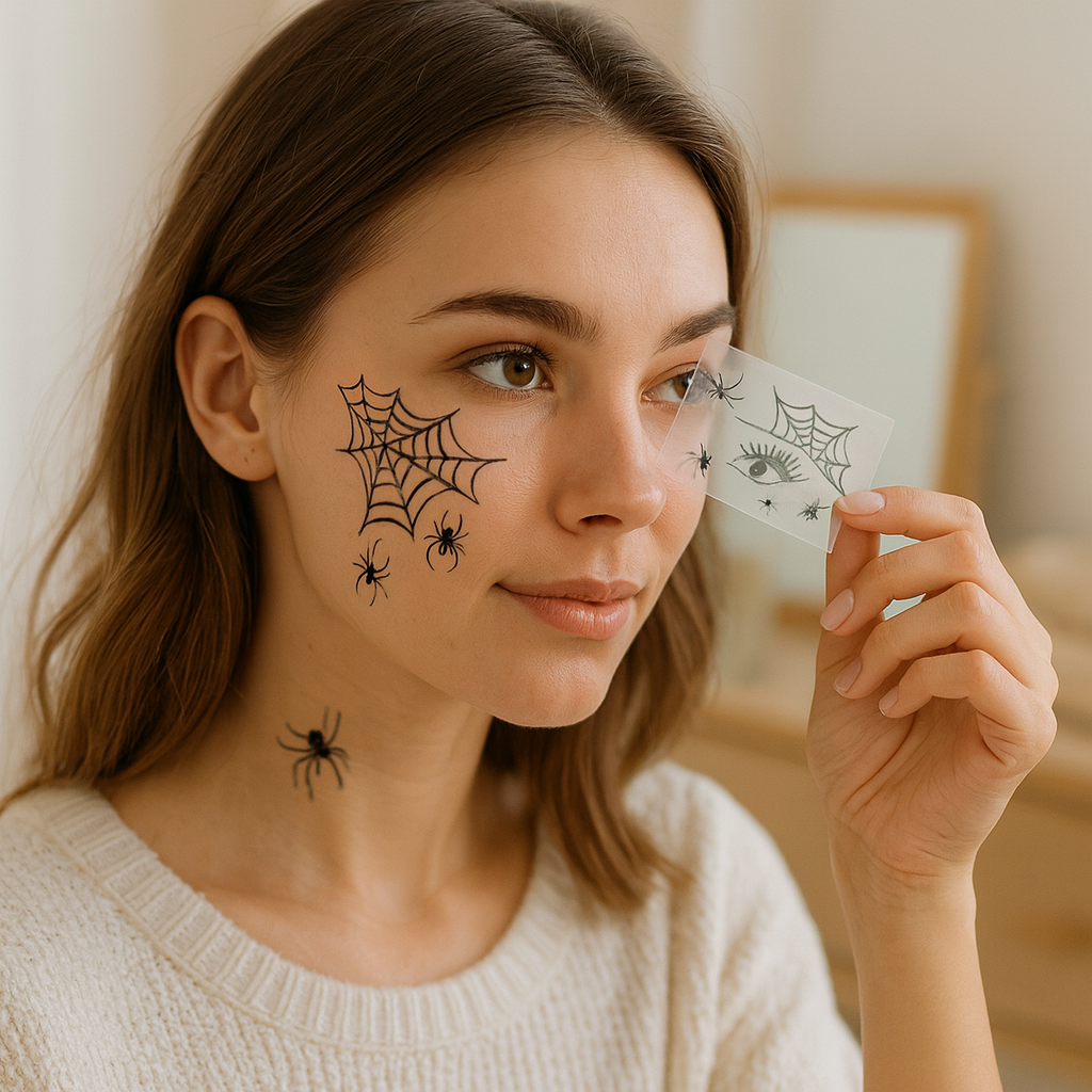 DarkAura | Pack of 10 Halloween Fake Tattoo Stickers β Black Spider Web Pattern for Face, Arms, and Party Decor