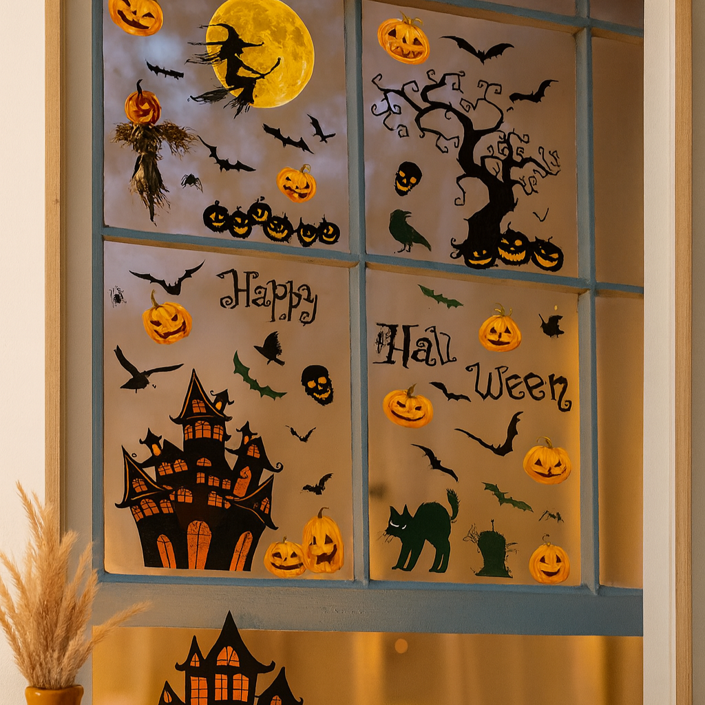Gloomora Halloween Window Sticker Set with Bats and Skulls