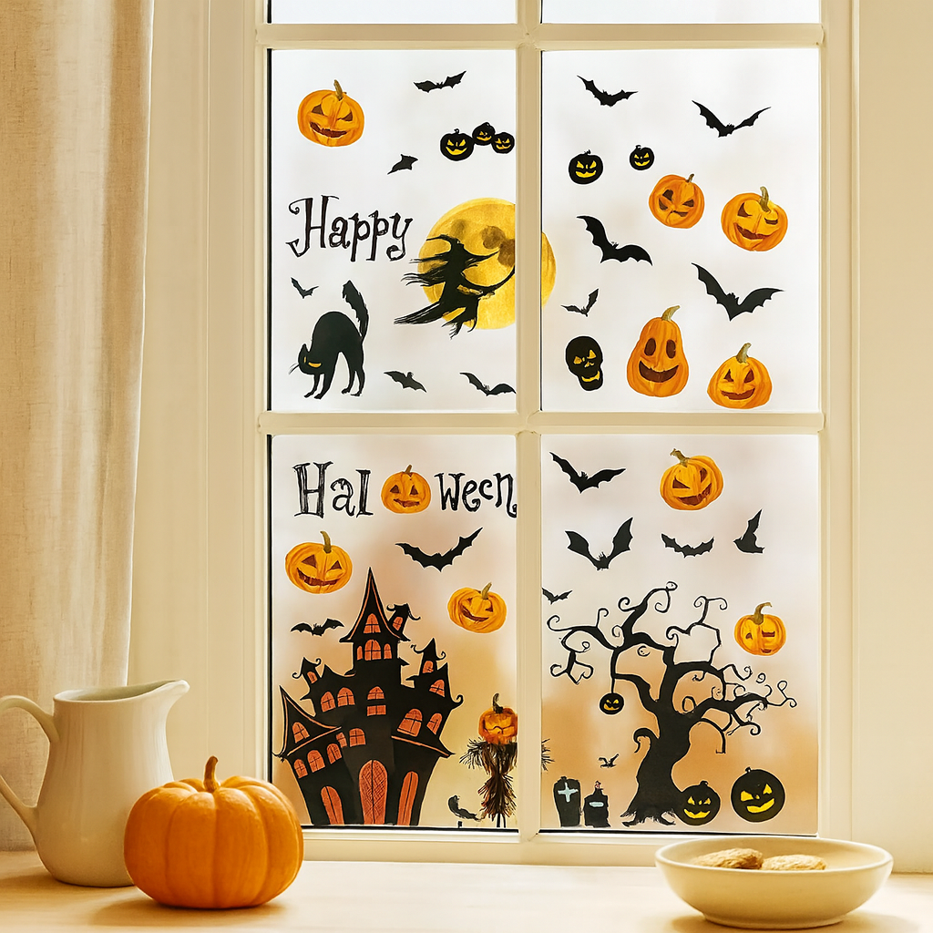 Gloomora Halloween Window Sticker Set with Bats and Skulls