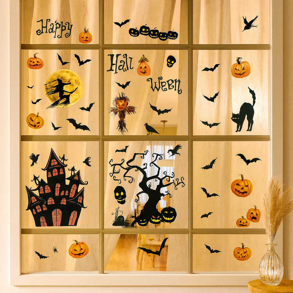 Gloomora Halloween Window Sticker Set with Bats and Skulls