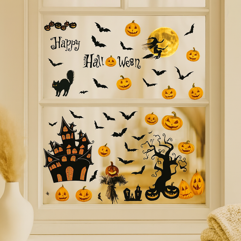 Gloomora Halloween Window Sticker Set with Bats and Skulls