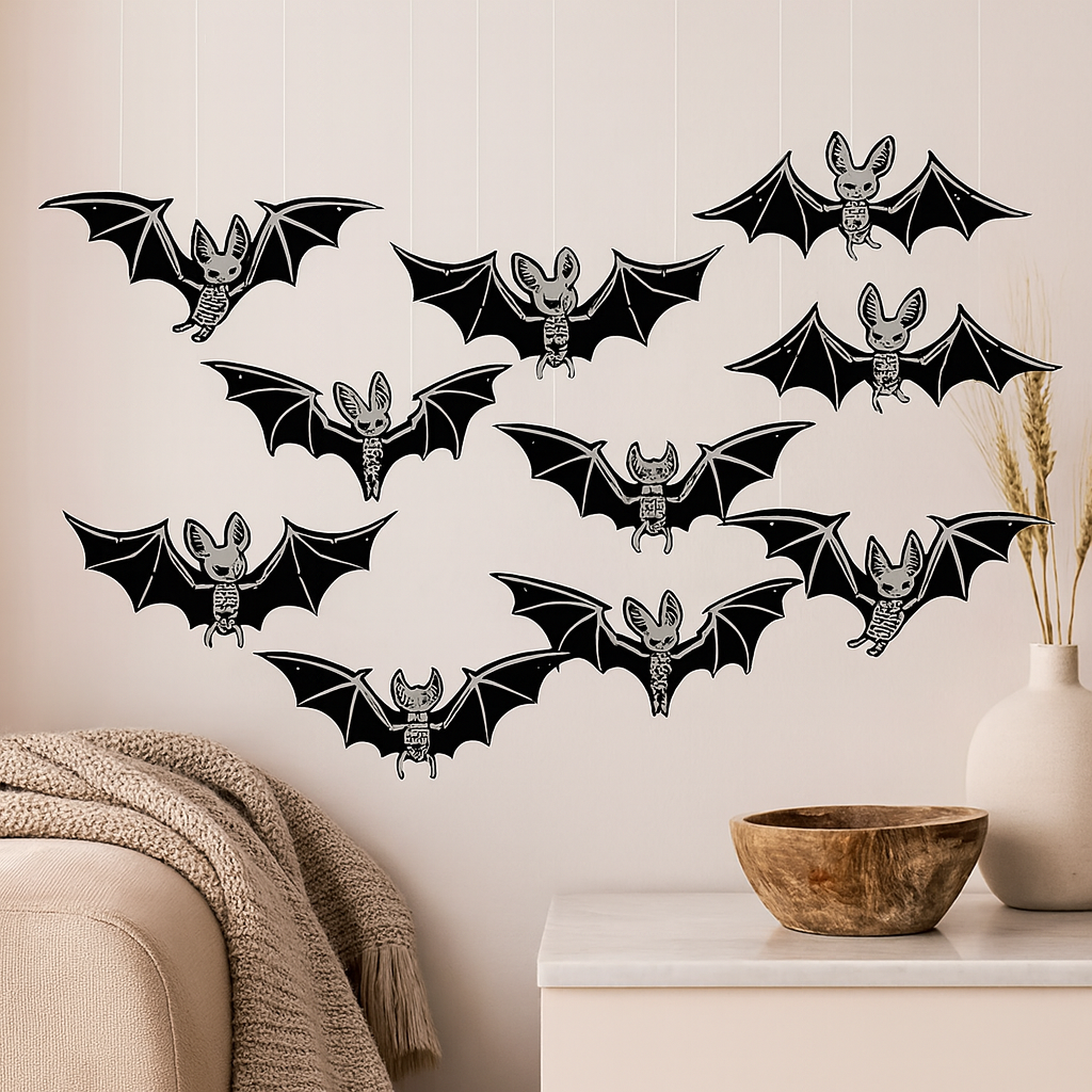 Glowing Bat Set – 10-Piece 3D Halloween Wall and Ceiling Decor Made of Plastic