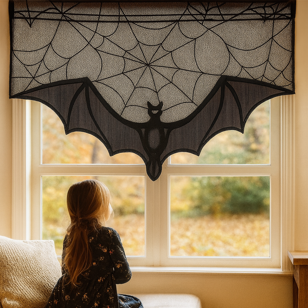 Gothic Lace Halloween Decorative Top - Black Cover with Bat & Spider Web