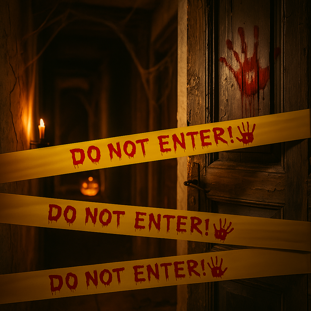 Halloween Warning Tape with Bloody Handprints – 25m Plastic Decoration Roll for Horror Party and Haunted House