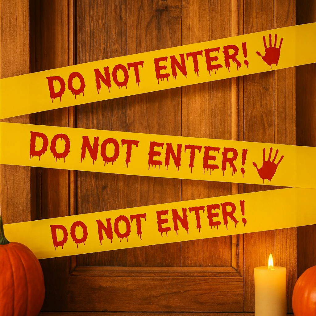 Halloween Warning Tape with Bloody Handprints – 25m Plastic Decoration Roll for Horror Party and Haunted House