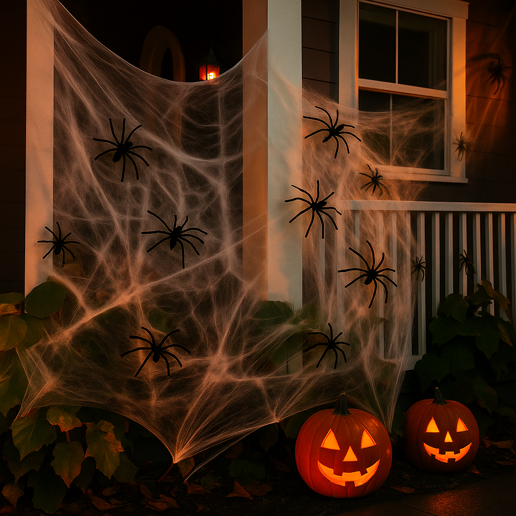 Horror Spiderweb Set – 200 Soft Nettings with Creepy Fake Spiders