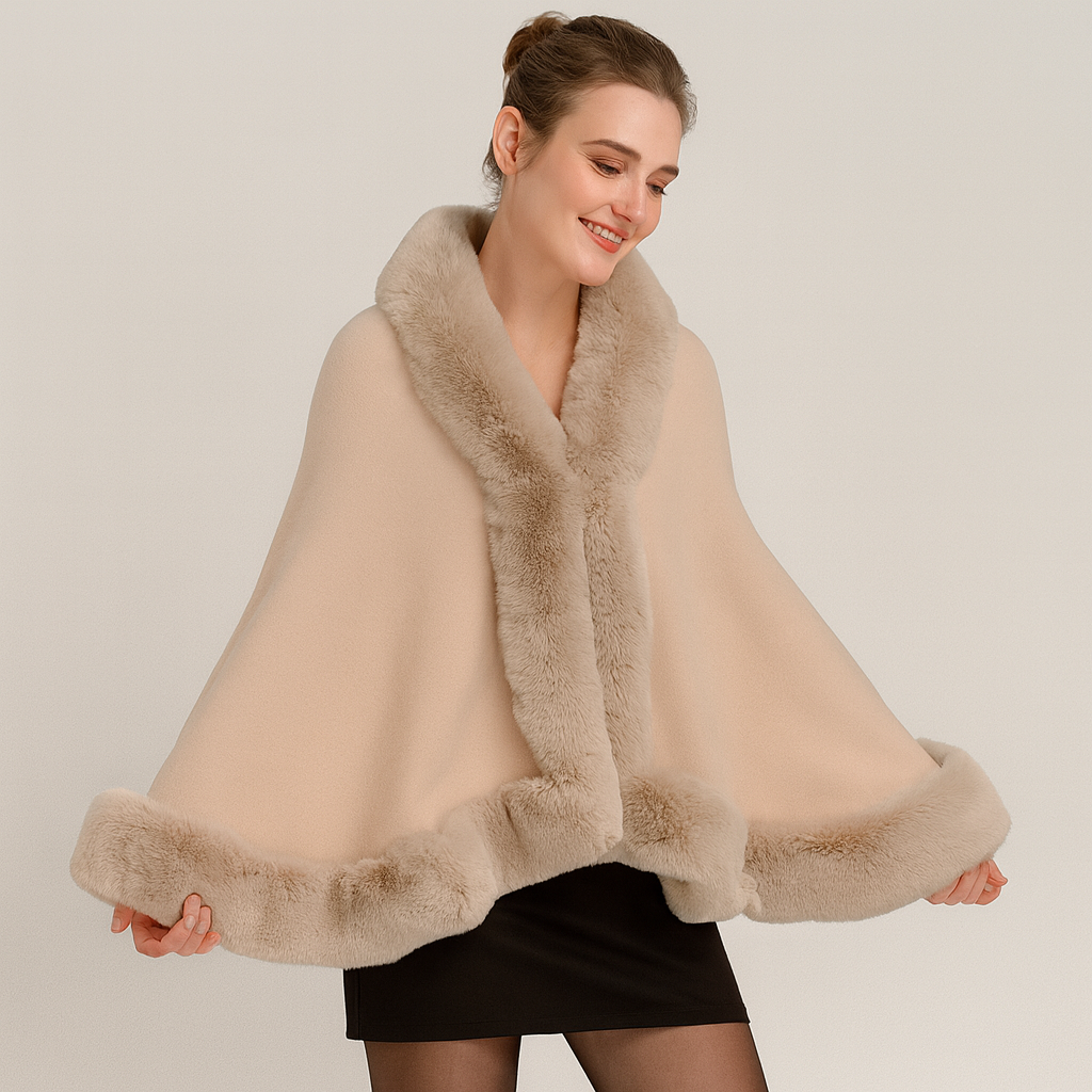 Marcella | Bat Wing Coat with Open Front and Fur Trim