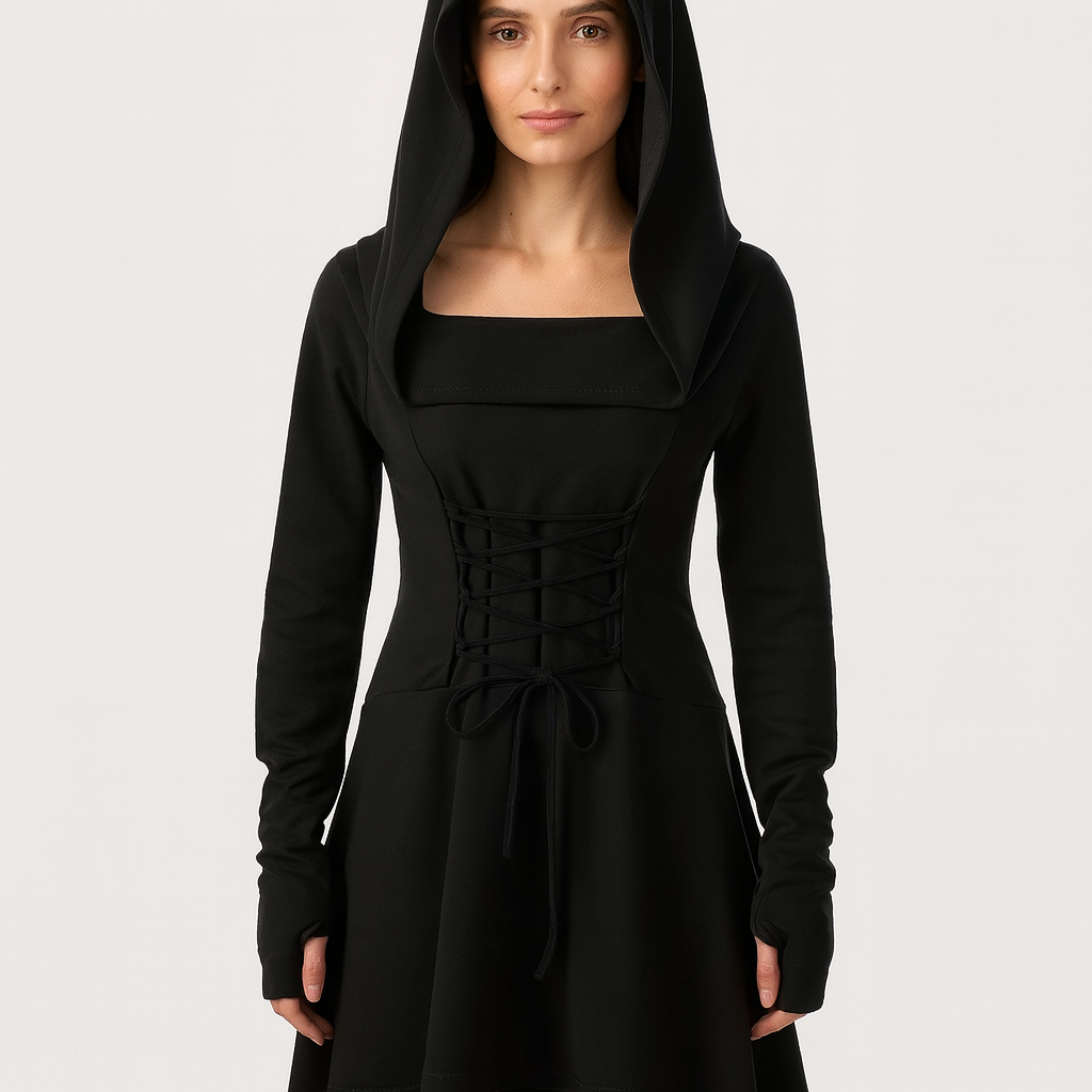 MoonShadow Gothic Dress – Women's Cosplay Dress with Hood & Sleeves