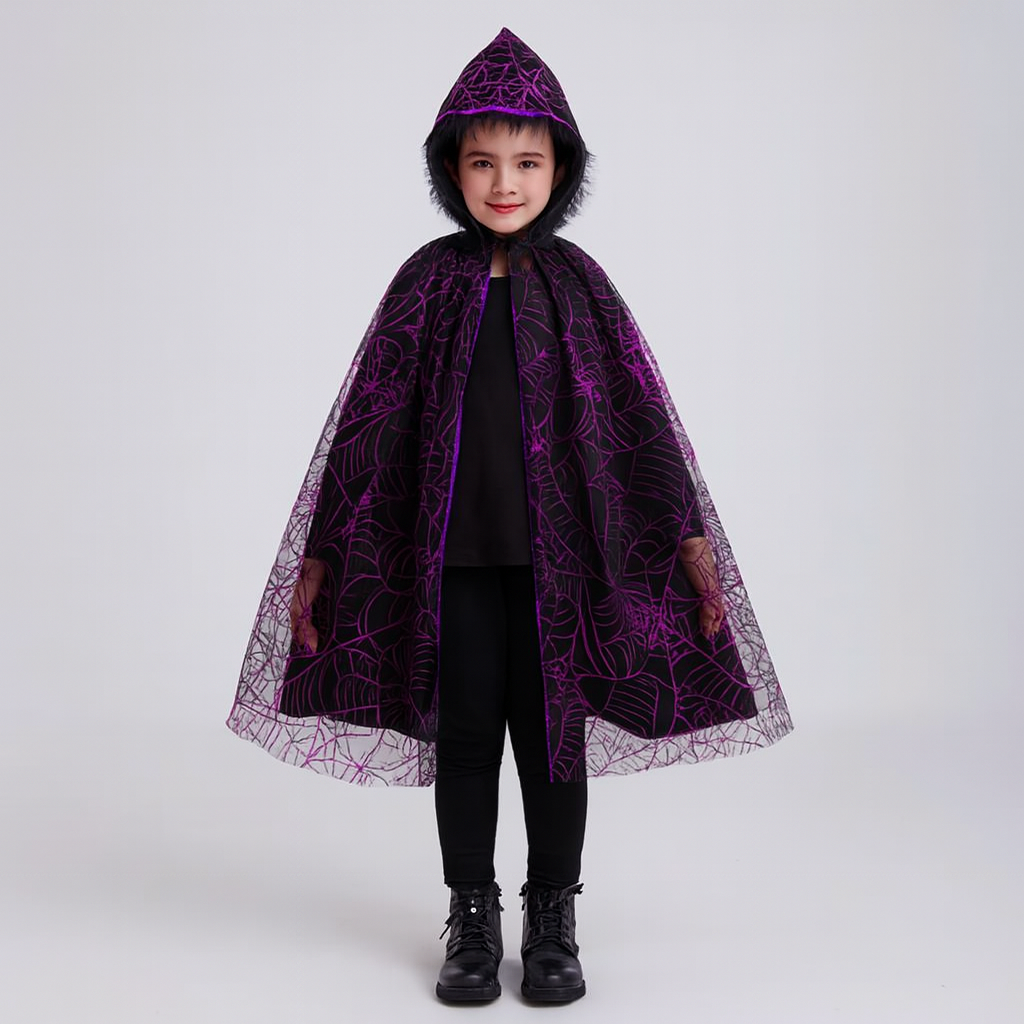 Noctira | Vintage Halloween Hooded Cloak with Spider Web and Bat Print