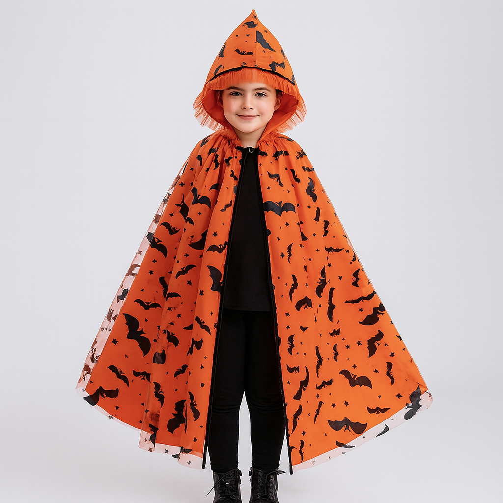 Noctira | Vintage Halloween Hooded Cloak with Spider Web and Bat Print