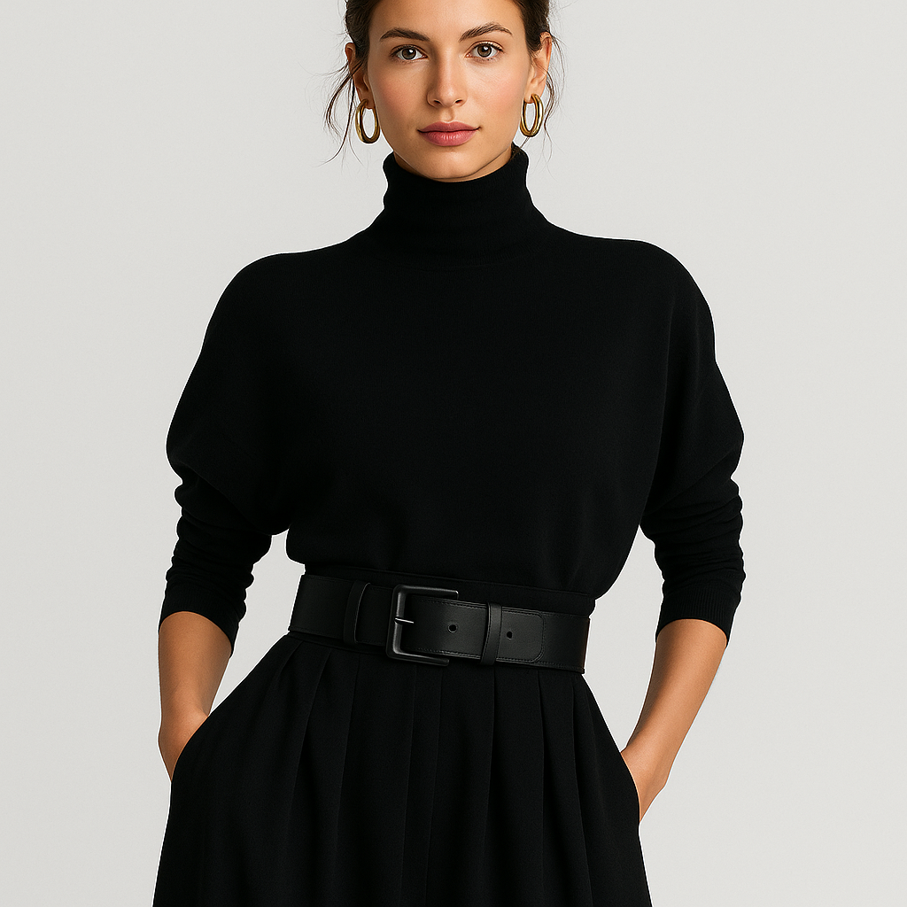 Nora All-Black Turtleneck & Straight-Leg Pants Two-Piece Set (with Belt)