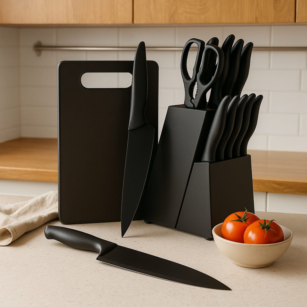 Noiresta | Set of 15 kitchen utensils with black wood block and accessories