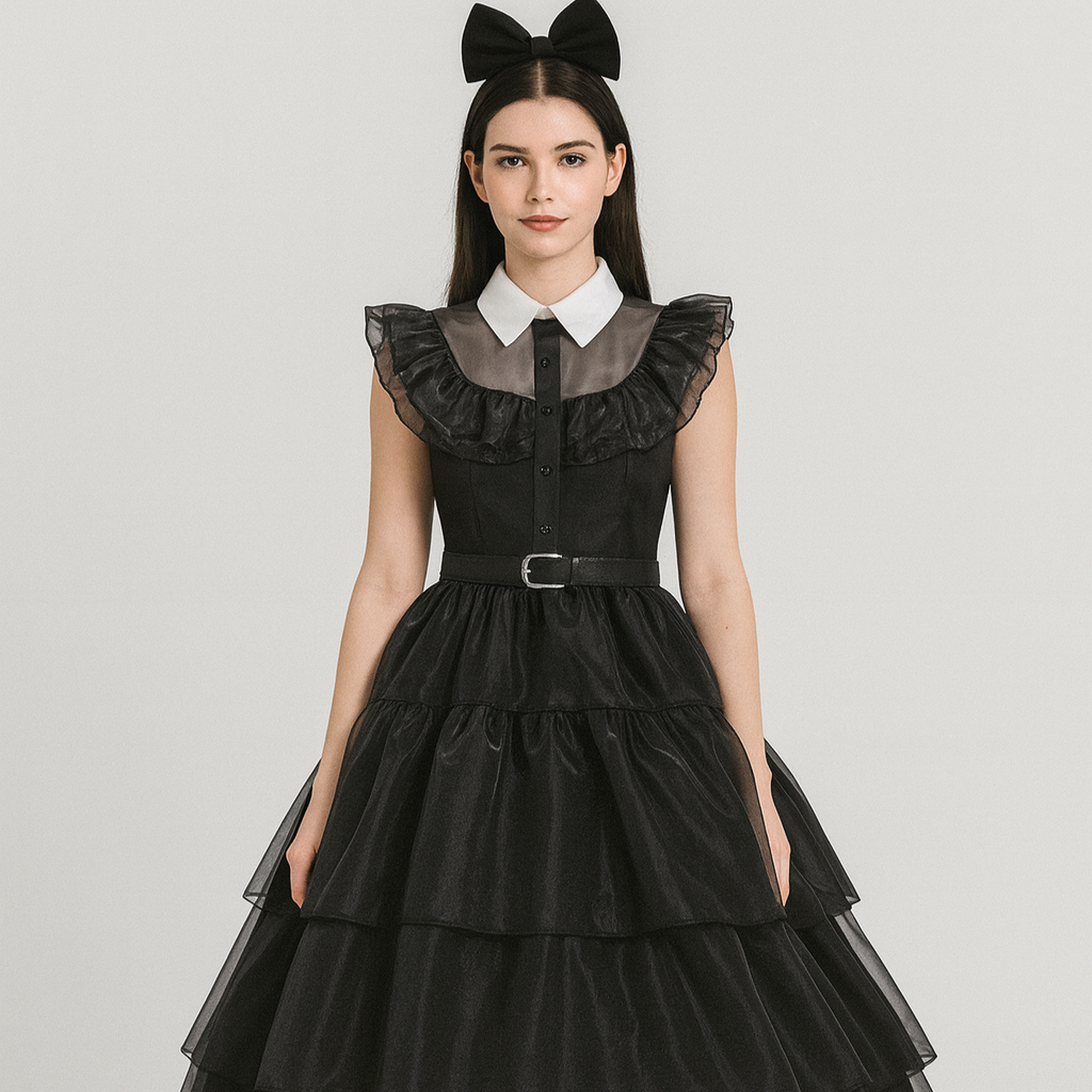 Nythera | Gothic Cosplay Net Dress with Layered Collar