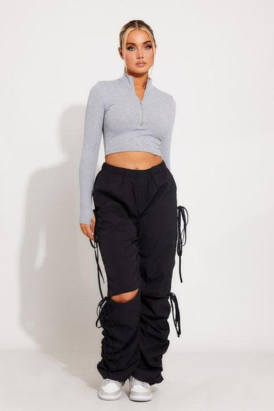Sofia - Knee Cut-Out Multiple Pockets and Drawstring Waist Cargo Pants