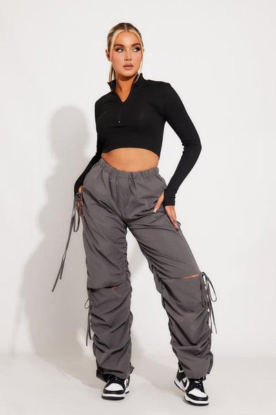 Sofia - Knee Cut-Out Multiple Pockets and Drawstring Waist Cargo Pants