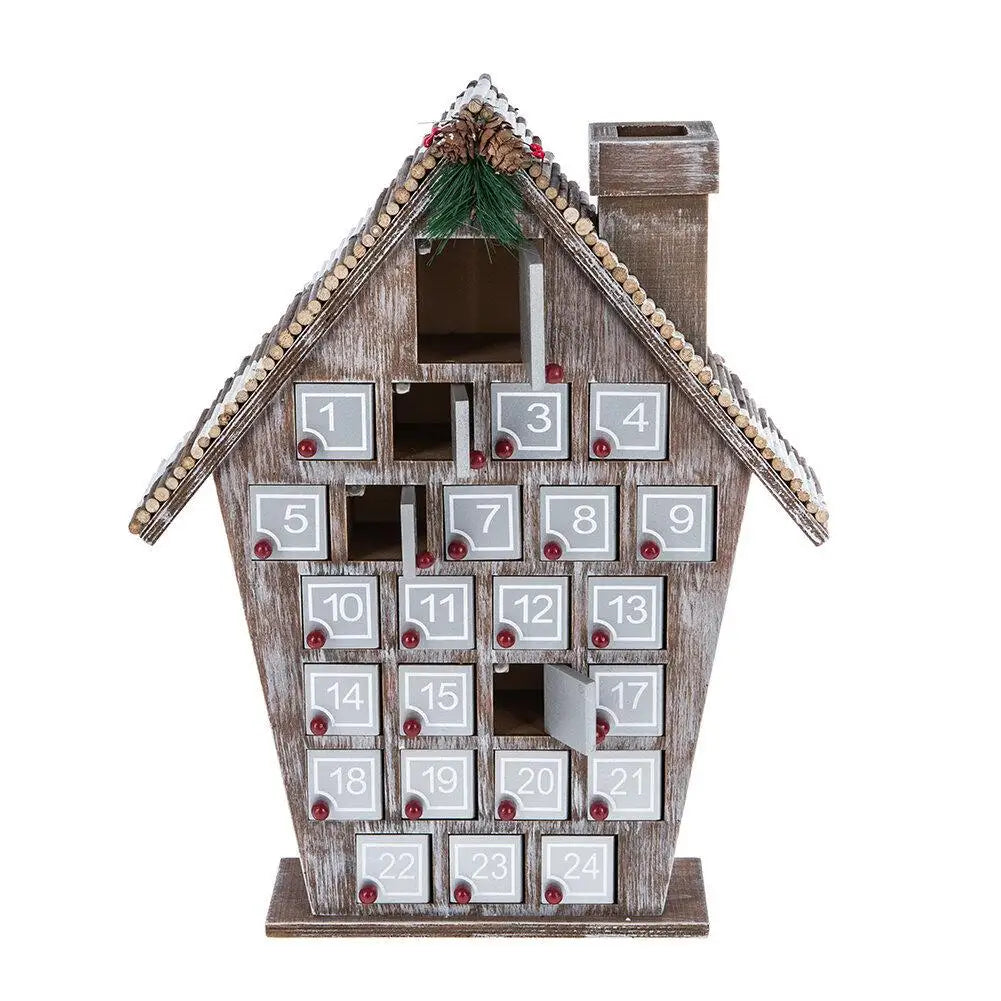 Wooden Advent Calendar with 25 Storage Compartments in the Shape of a Christmas House