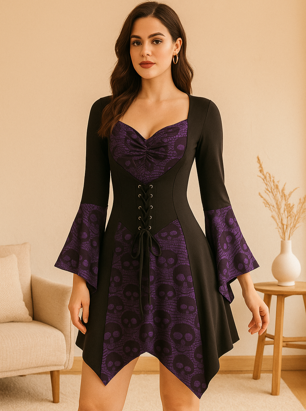 SkullLace Gothic Blouse – Women's Blouse with Skull Print & Waist Ribbon