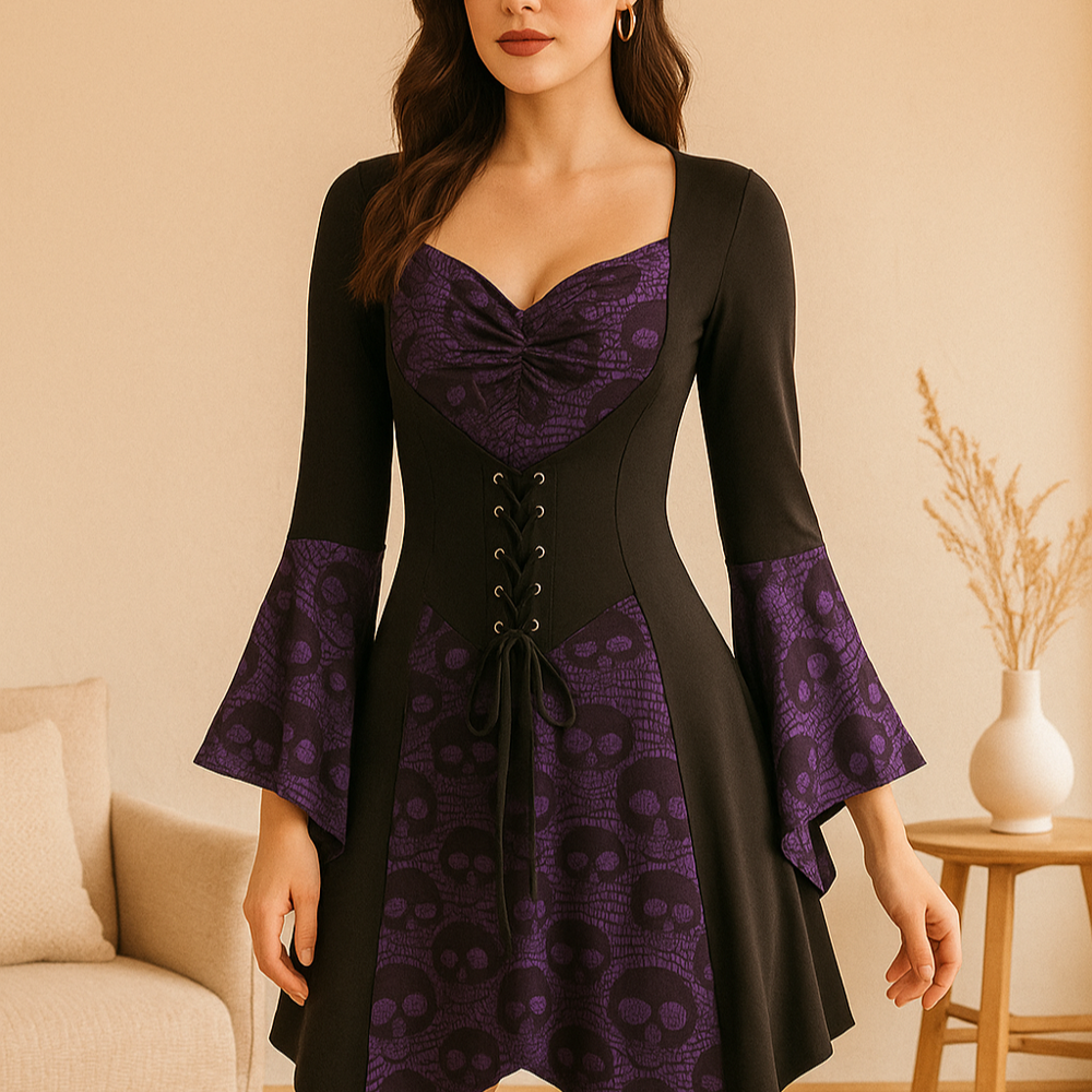 SkullLace Gothic Blouse – Women's Blouse with Skull Print & Waist Ribbon