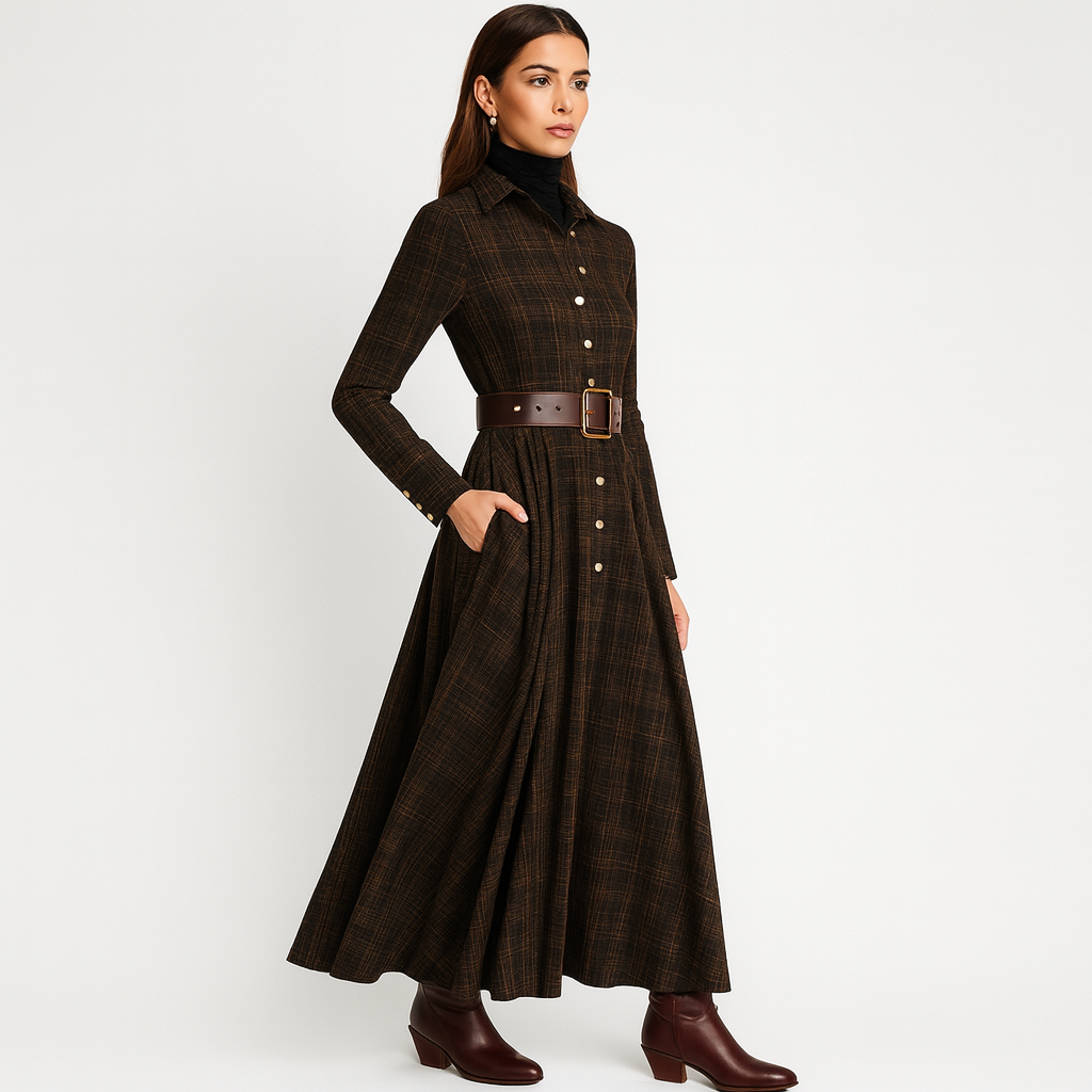 Velora Plaid Long Shirt Dress – Brown & Black Checked Elegance
