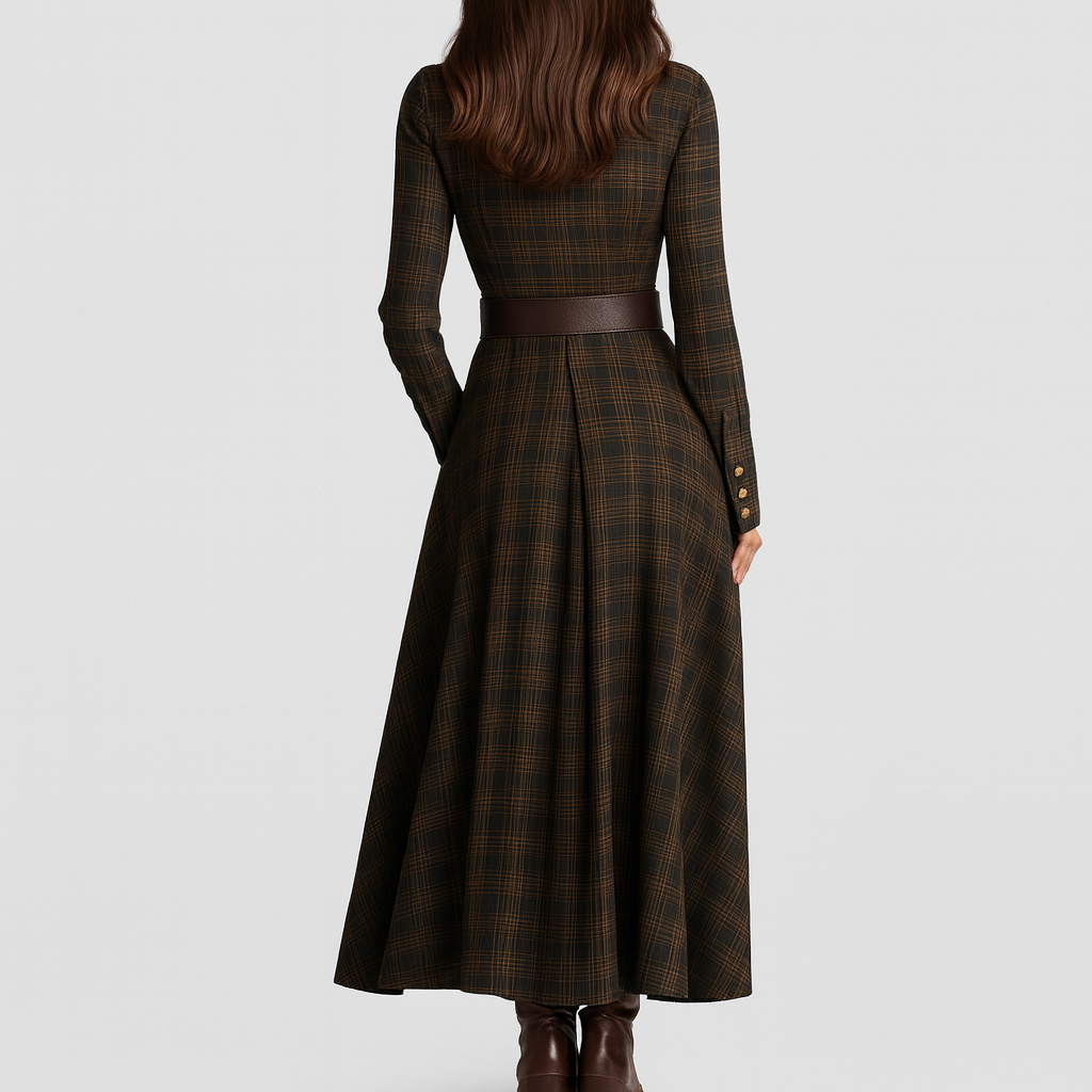 Velora Plaid Long Shirt Dress – Brown & Black Checked Elegance