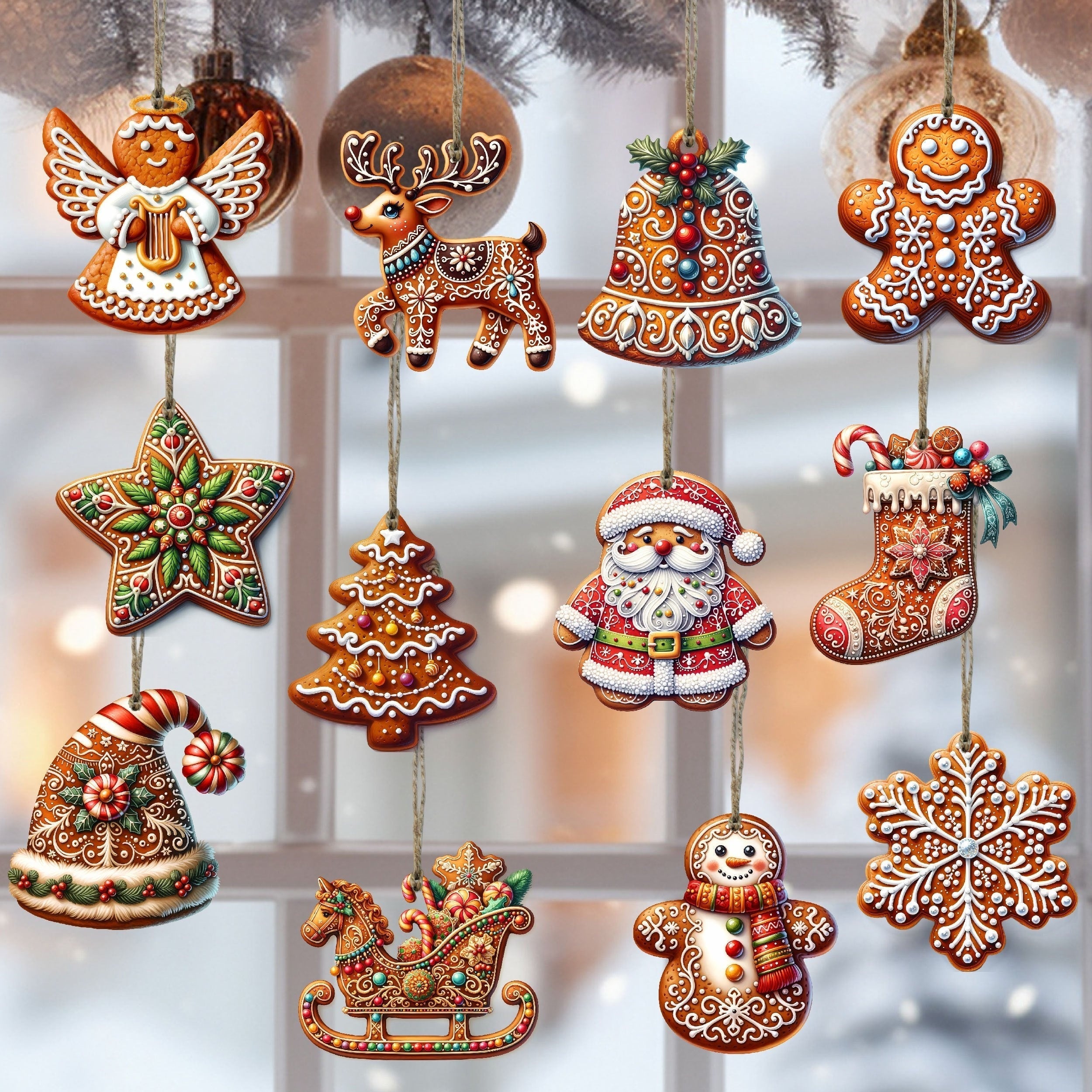 12 Pieces Handmade Wooden Christmas Bauble Set
