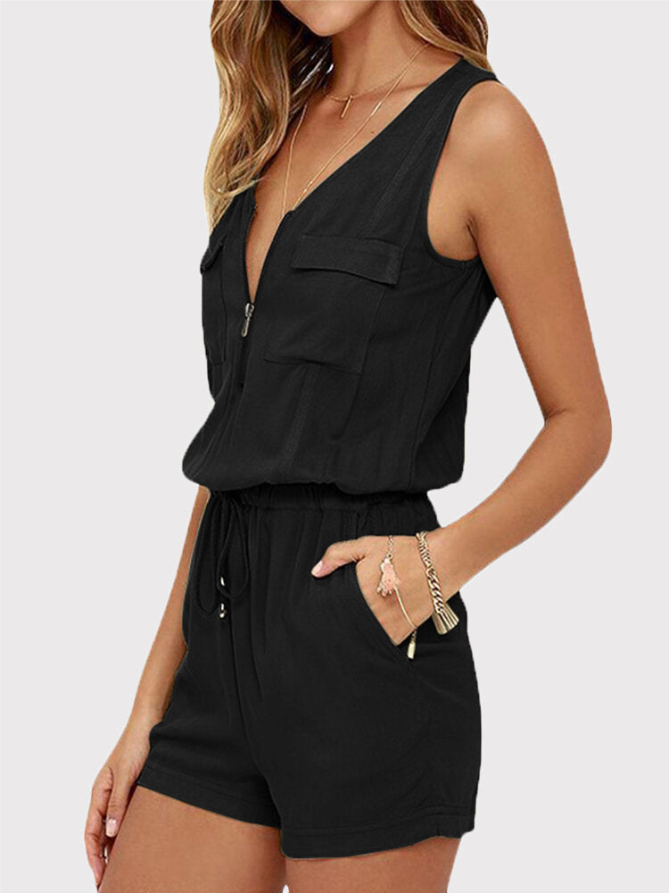 Rhian - Casual V-Neck Sleeveless Set with Front Zipper and Elastic Waist for Outdoors