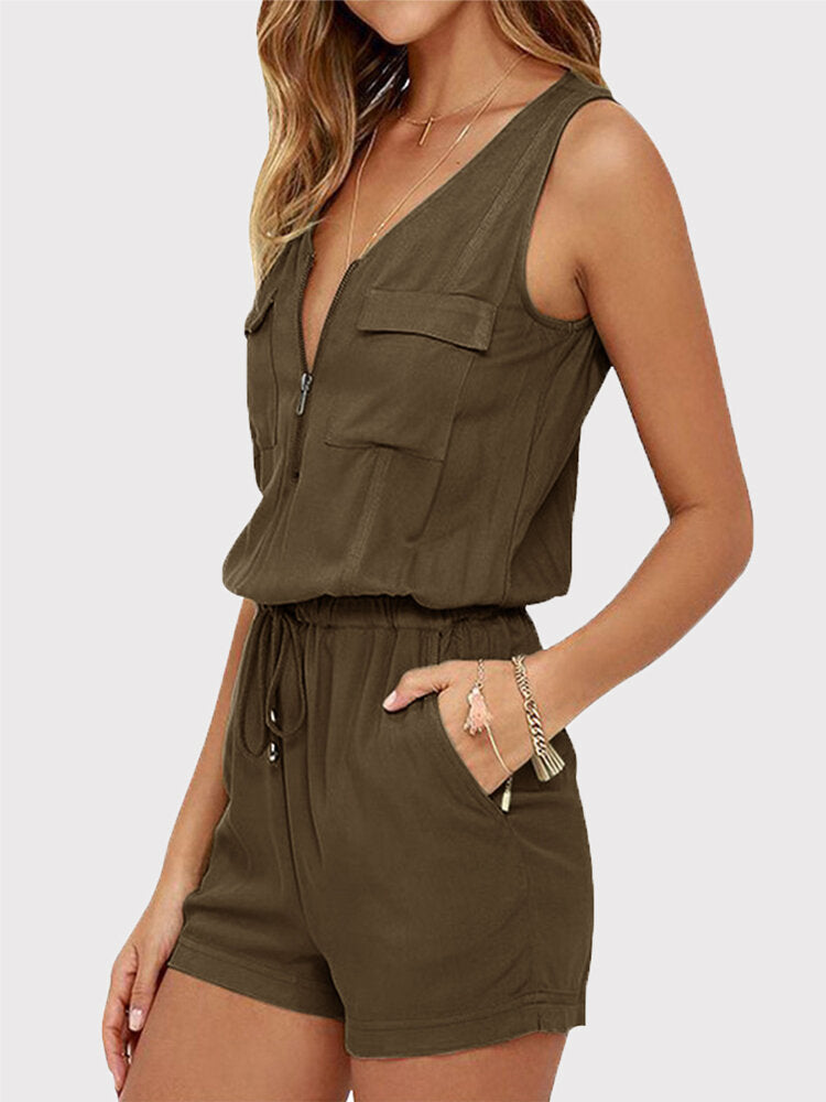 Rhian - Casual V-Neck Sleeveless Set with Front Zipper and Elastic Waist for Outdoors