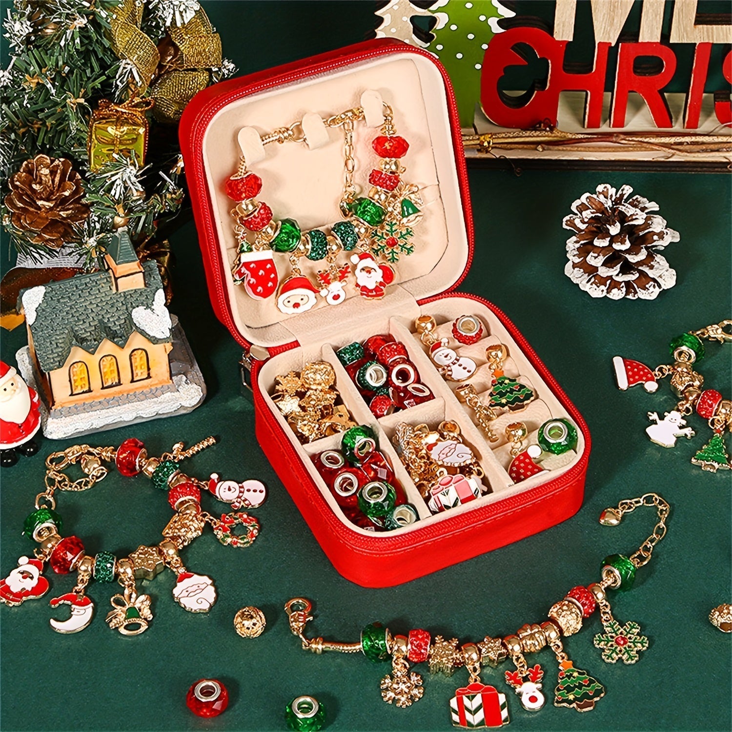 Christmas Charm Bracelet Craft Kit, Elegant Red-Green Series DIY Beads