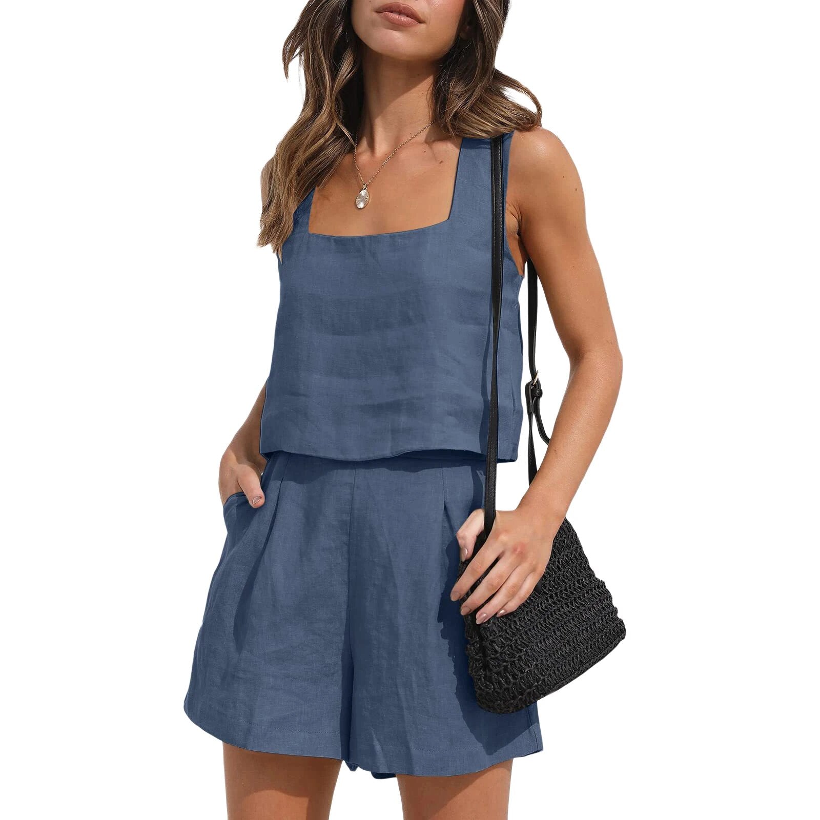 Casual Charm | Top with Square Neckline and Shorts Set with Pockets