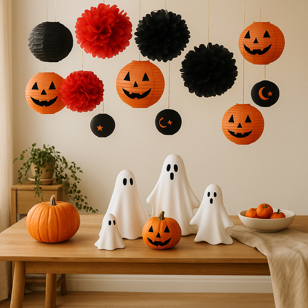 ShadowGlow Halloween Paper Lantern Set β 13 Pieces Pumpkin & Flower Ball Decorations