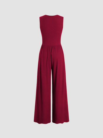 V-neck Jumpsuit with Ruched Solid Wide Legs