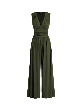 V-neck Jumpsuit with Ruched Solid Wide Legs