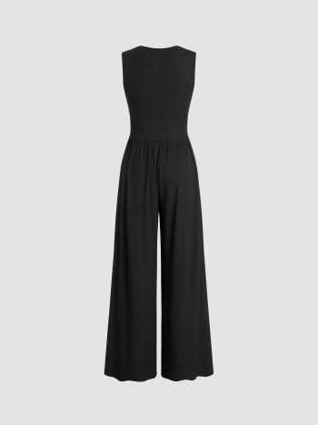 V-neck Jumpsuit with Ruched Solid Wide Legs