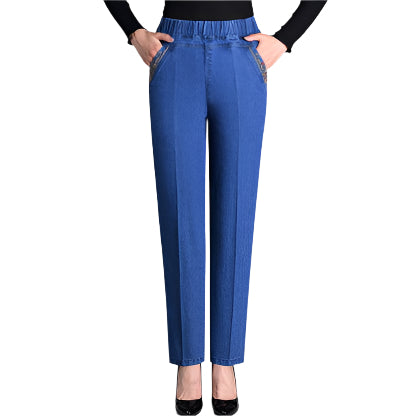 Jeans with side pockets and full elastic waistband