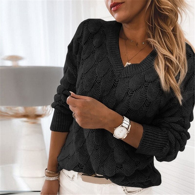 Ella Comfortable V-Neck Sweater with Leaf Pattern