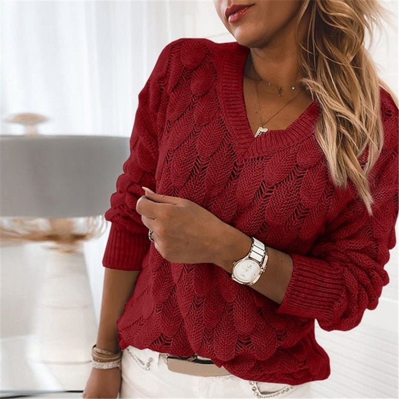 Ella Comfortable V-Neck Sweater with Leaf Pattern