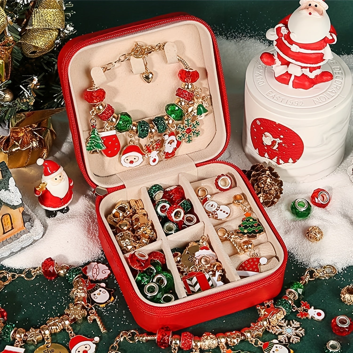 Christmas Charm Bracelet Craft Kit, Elegant Red-Green Series DIY Beads
