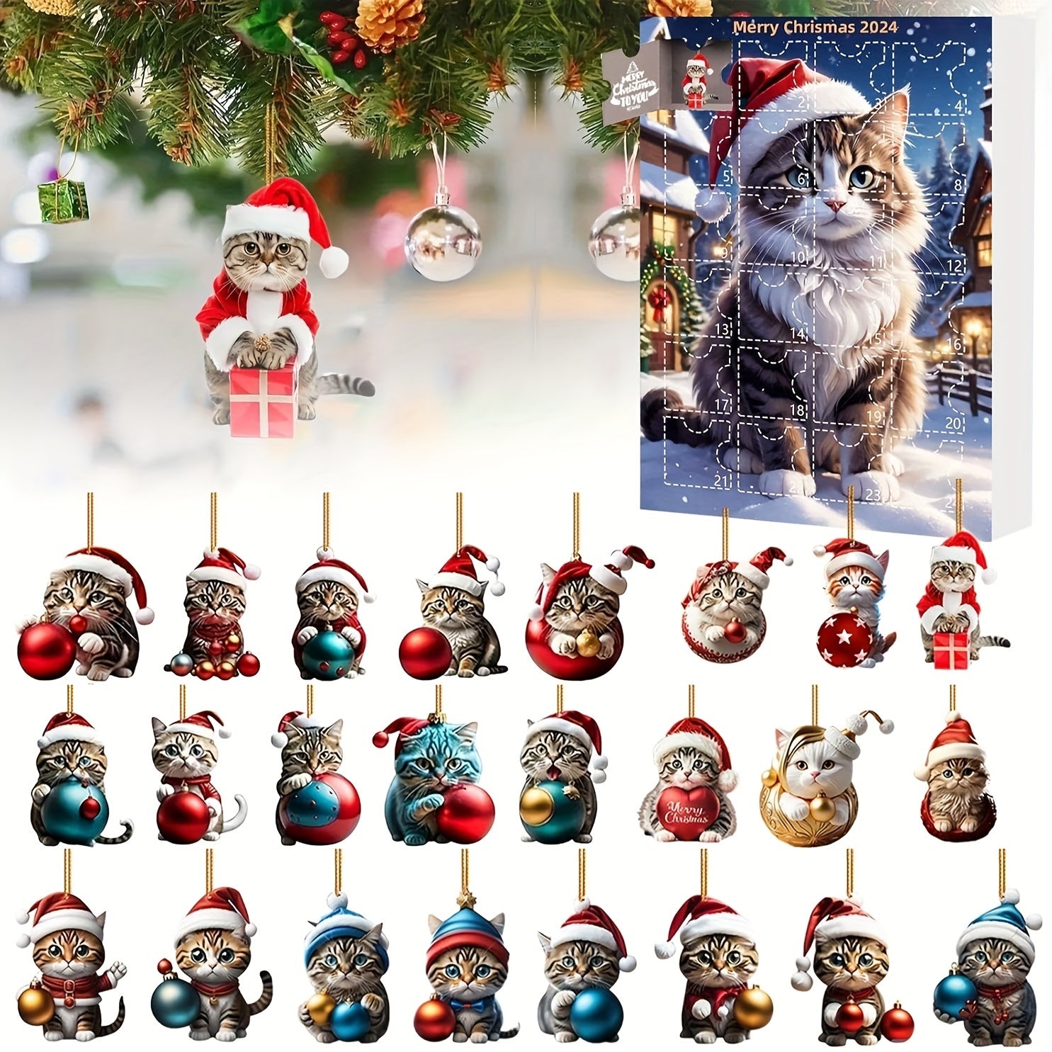 Vintage Advent Calendar with Acrylic Cat Pendants 2025, 24-Day Christmas Countdown for Cat Lovers
