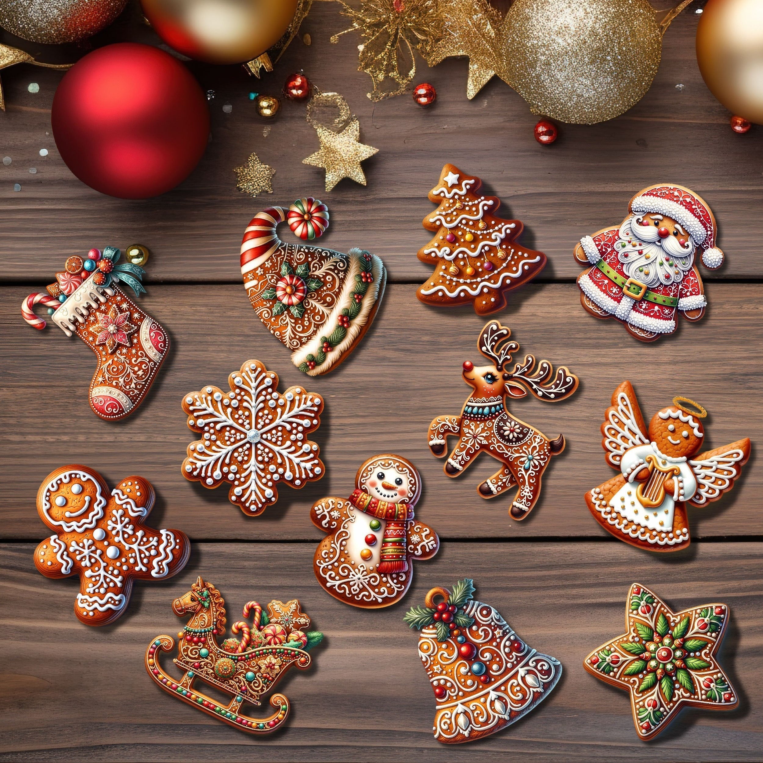 12 Pieces Handmade Wooden Christmas Bauble Set