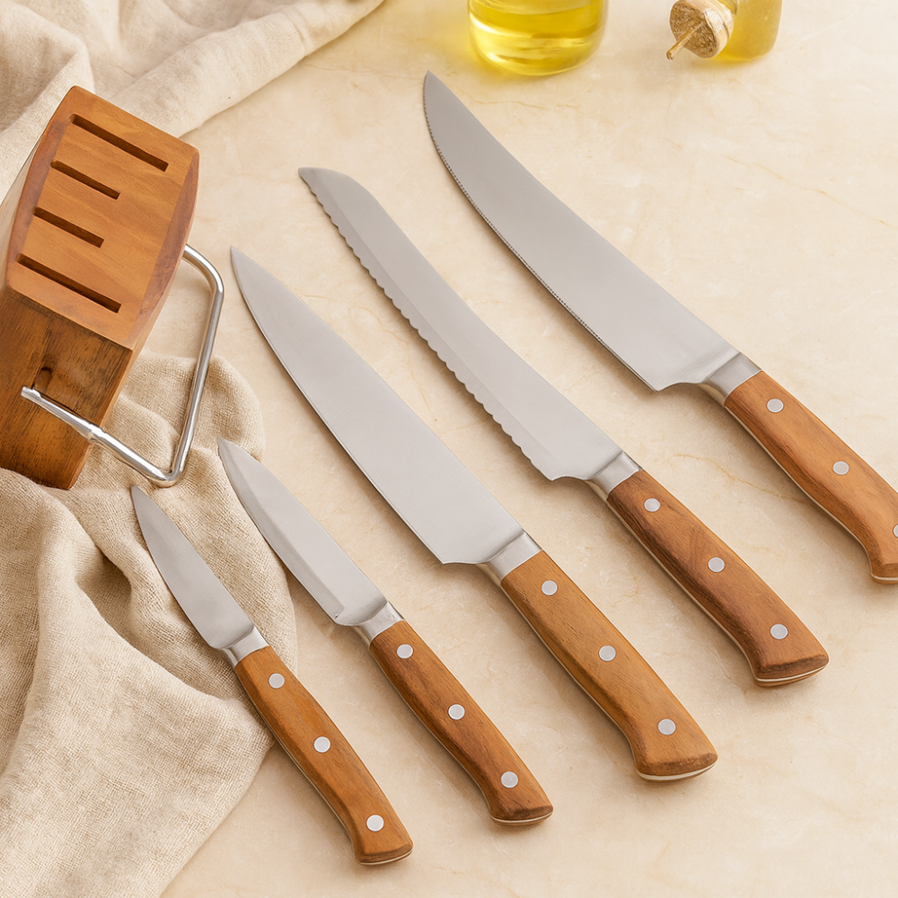 AcaciaGuard | Set of 5 German Steel Kitchen Knives with Acacia Block