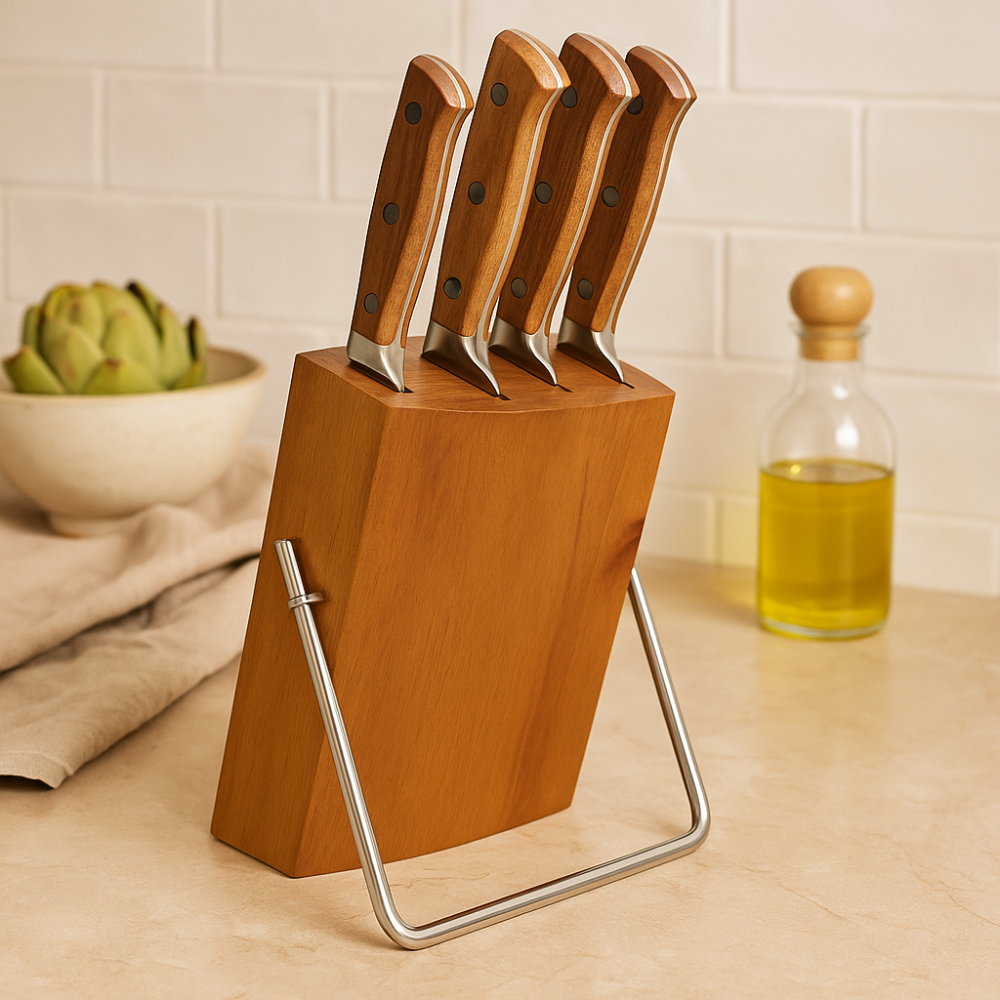 AcaciaGuard | Set of 5 German Steel Kitchen Knives with Acacia Block