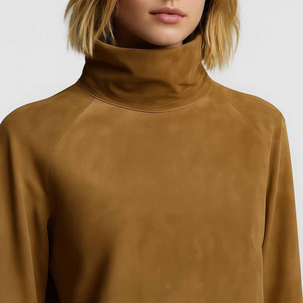 Aurielle Vintage Suede Turtleneck Mini Dress – Effortless Retro Chic