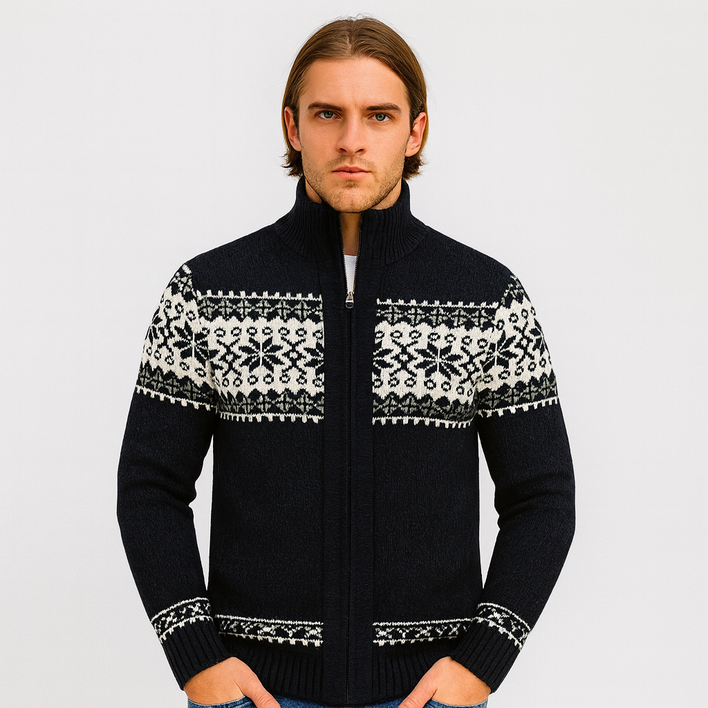 Noah | Men's Warm Sweater with Snowflake Print and Zipper