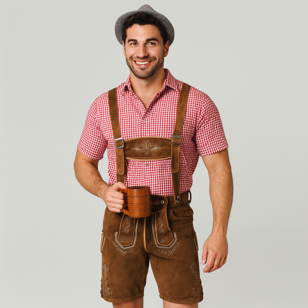 Men's Leather Brown – Genuine Traditional Leather with Embroidery & Suspenders for Oktoberfest