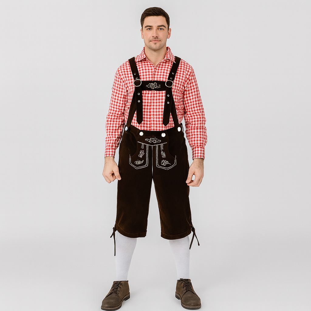 Men's Traditional Outfit – Knee Leather Trousers with Embroidery & Checkered Shirt for Oktoberfest