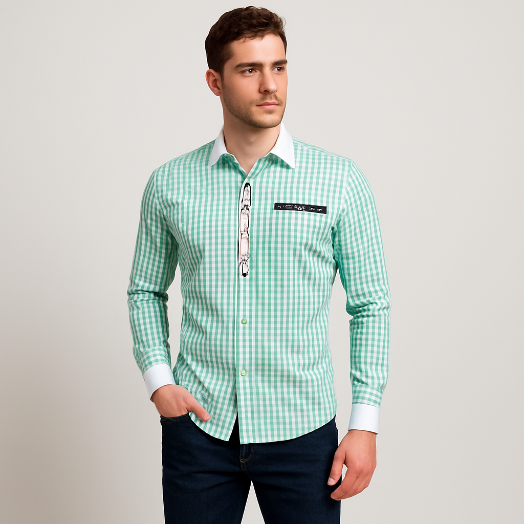 Men's Trachten Shirt – Red and White Checkered Shirt with Contrast Collar & Button Placket for Oktoberfest