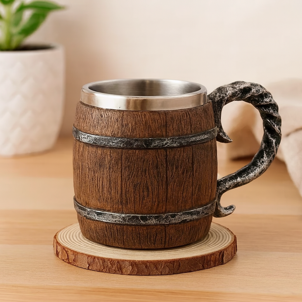 Handmade Wooden Barrel Beer Mug – Stainless Steel & Waterproof, Ideal for Oktoberfest