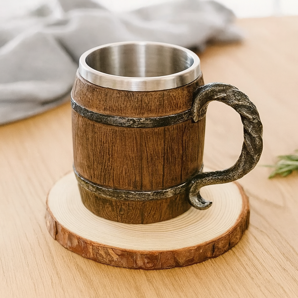 Handmade Wooden Barrel Beer Mug – Stainless Steel & Waterproof, Ideal for Oktoberfest