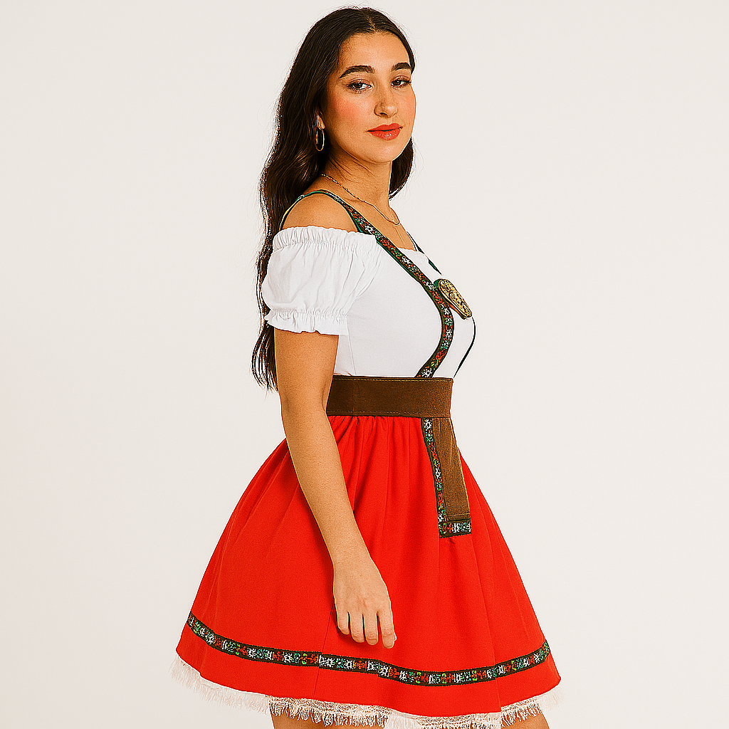 Women's Oktoberfest Dirndl – Strapless Dress with Ruffle Sleeves & Gold Accents