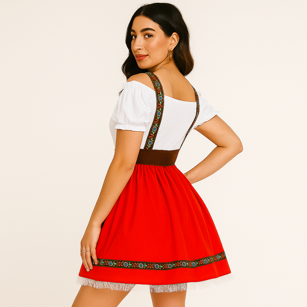 Women's Oktoberfest Dirndl – Strapless Dress with Ruffle Sleeves & Gold Accents